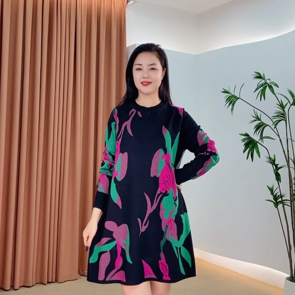 446时尚网红百搭显瘦秋冬针织连衣裙提花不褪色高弹力新中式