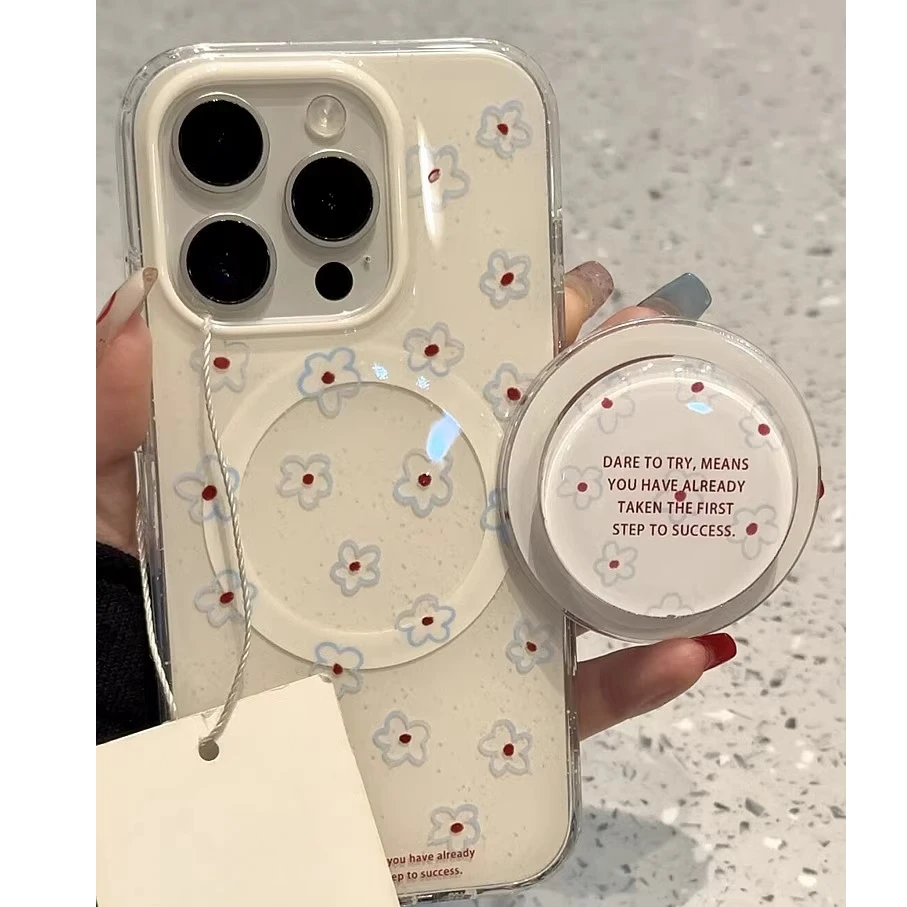 韩系蓝色小花朵英文磁吸支架适用苹果16promax手机壳ipho17promax