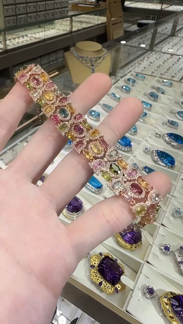 银S925镶嵌手链碧玺玫瑰庄园多样性发一件多彩宝石设计款