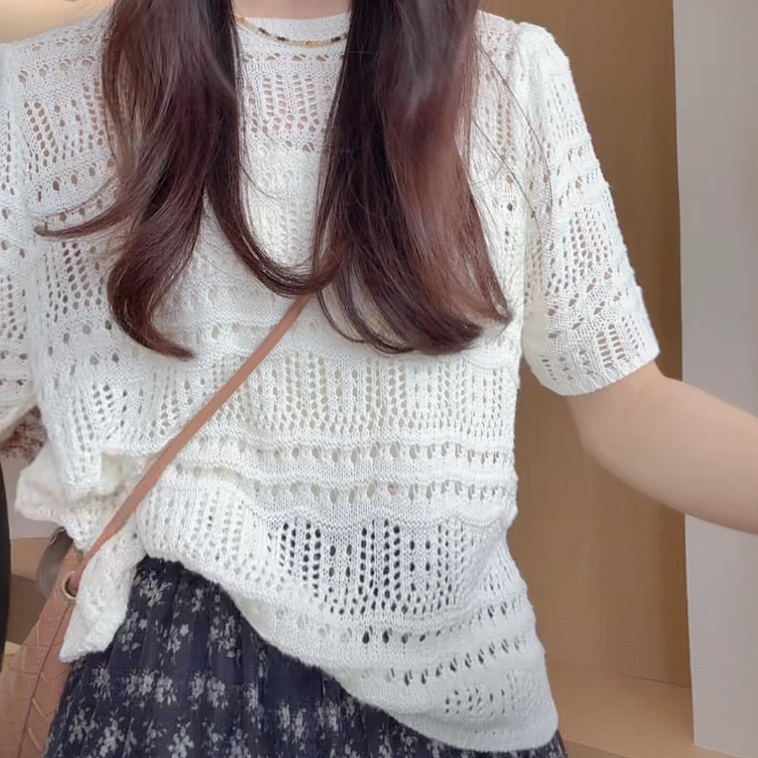 小众设计感后开叉镂空薄款短袖T恤2025夏季新款时尚百搭宽松上衣