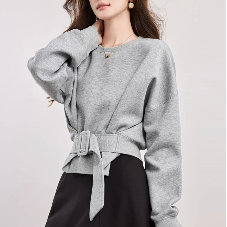 盐系蝙蝠袖腰带短款上衣设计感小众2025新款灰色圆领卫衣女潮ins