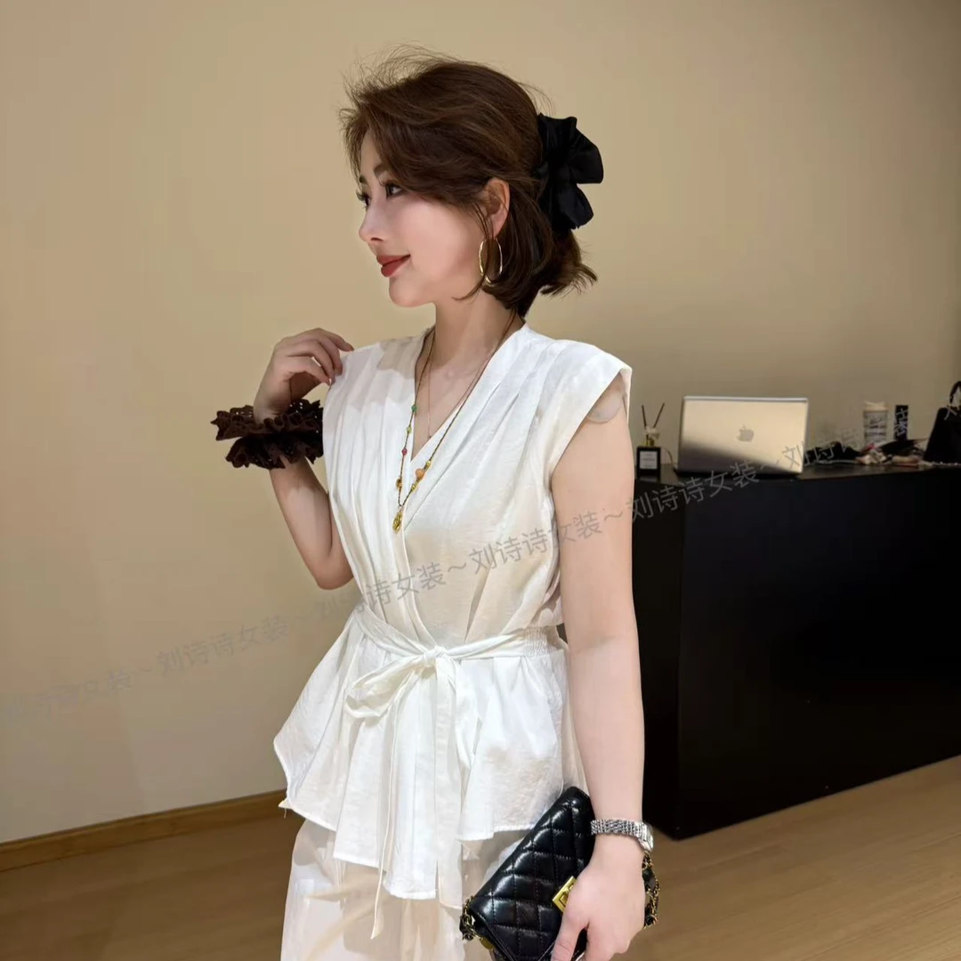 8575【白月光】诗诗家2025夏季简约高级感韩版无袖显瘦收腰绑带衬衫