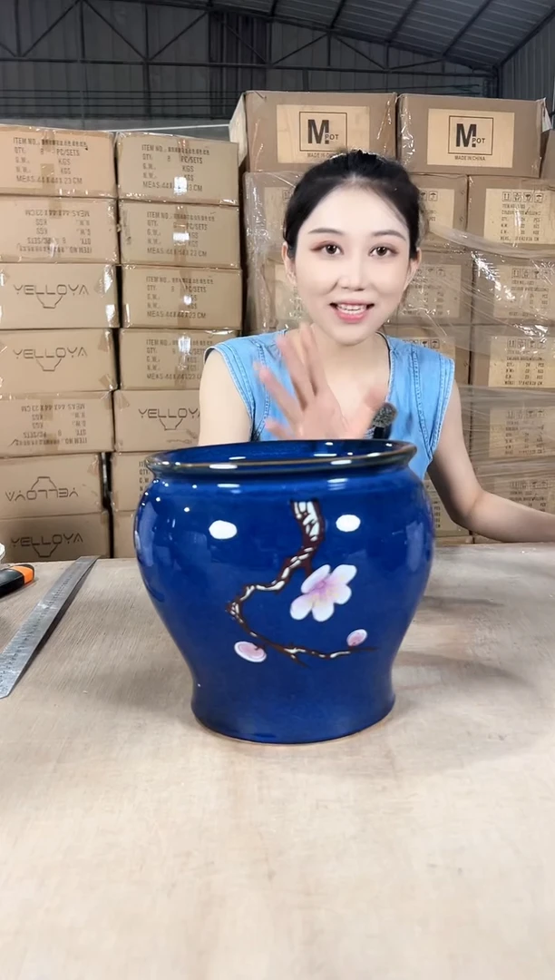 缸形深蓝花釉勾花大号19x19