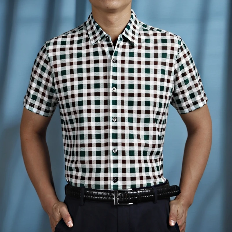 男士夏季宽松半袖体恤蚕丝短袖休闲商务时尚薄款印花透气格纹男款