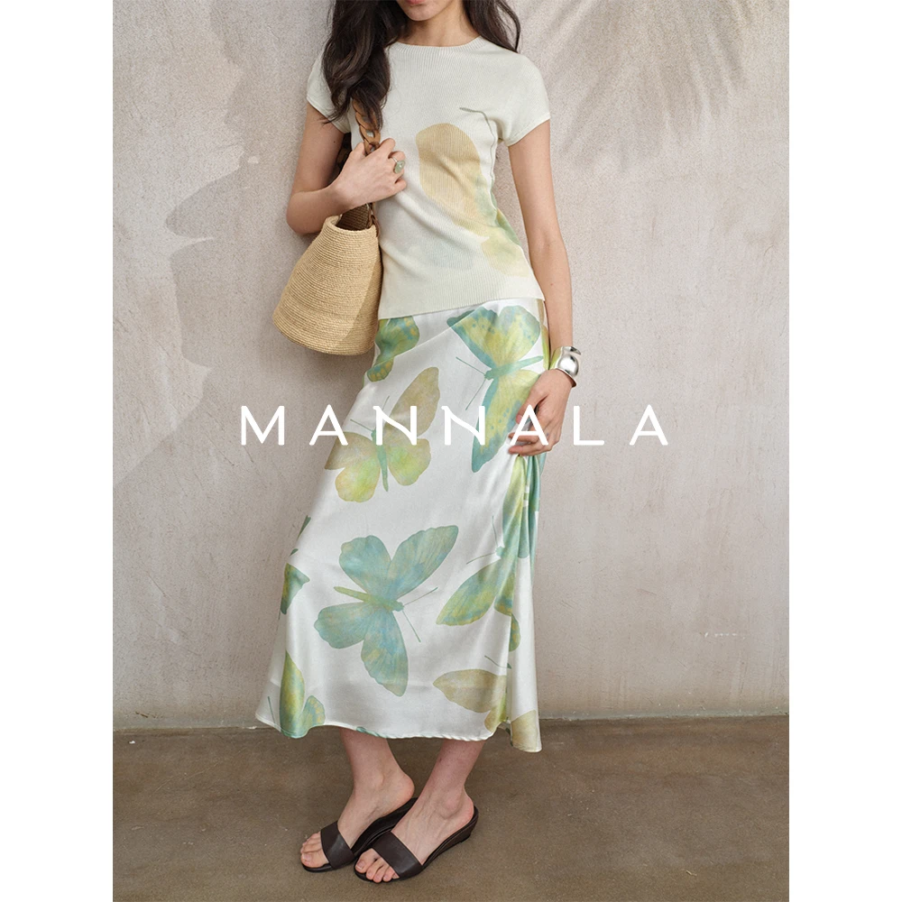 MANNALA丨“翩蝶”高定手绘《蝶》桑蚕丝弹力缎喷绘半身裙Q9120