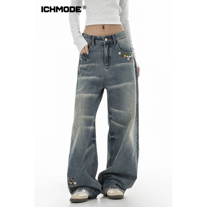 ICH MODE美式复古刺绣牛仔裤女直筒裤