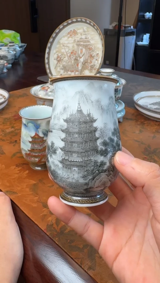 嘿*?手绘墨彩黄鹤楼闻香杯