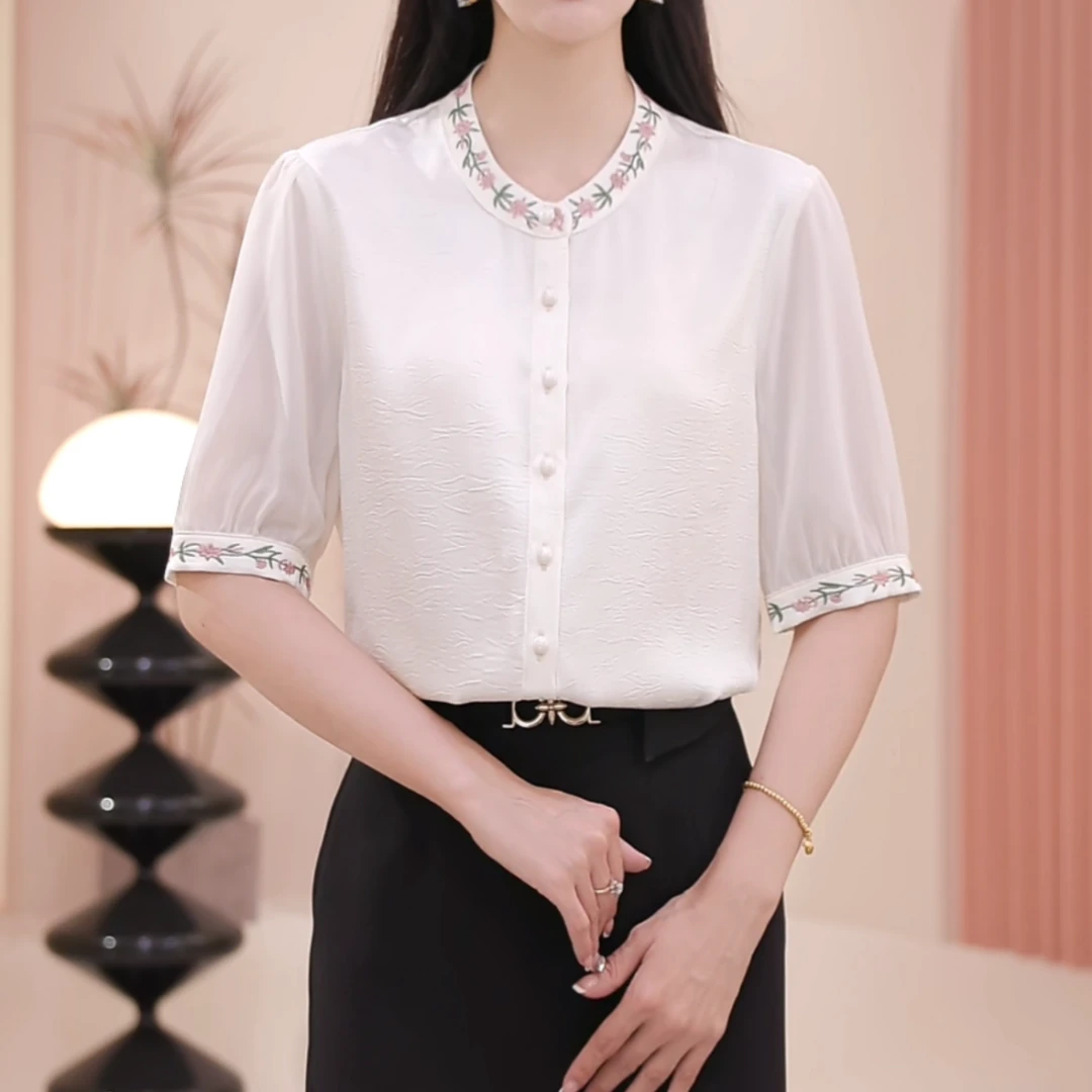 【牡丹刺绣】夏款圆领开衫牡丹花刺绣衬衫上衣减龄女士设计感气质