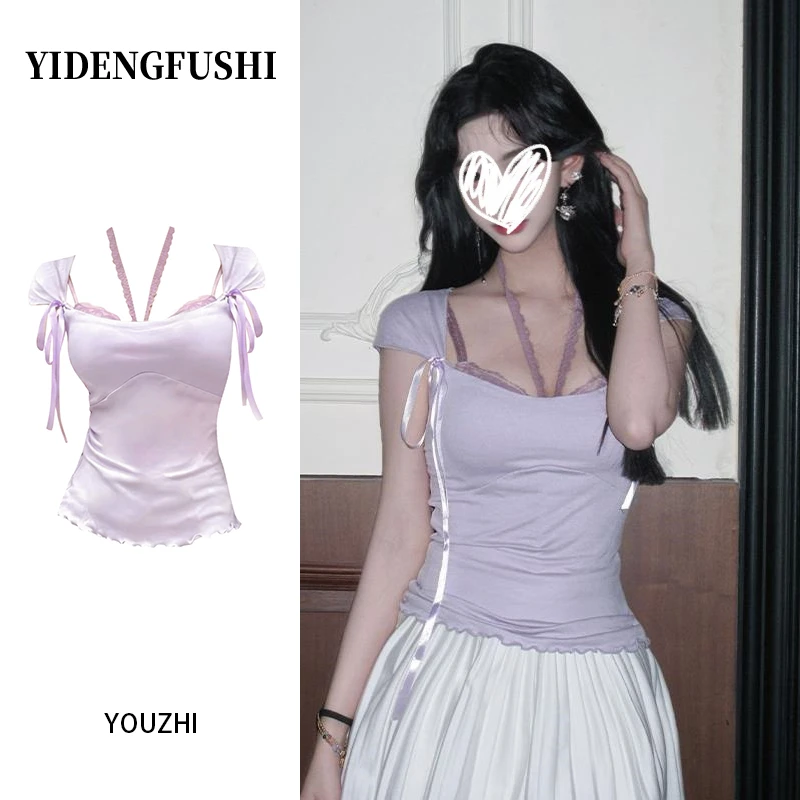 YIDENG紫色短袖T恤女夏2025新款设计感小众修身显瘦甜辣妹上衣潮