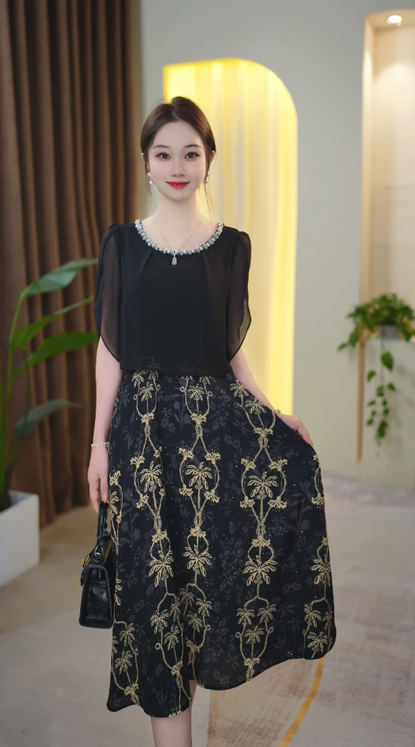 新中式假两件2025夏季新款时尚收腰显瘦中长款连衣裙女裙子