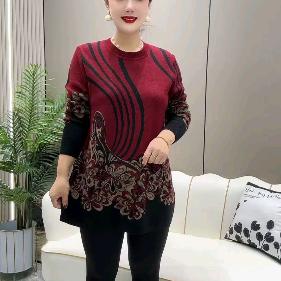 中长款针织打底衫女2025秋季新款时尚女士弹力大码拼接圆领毛衣衫