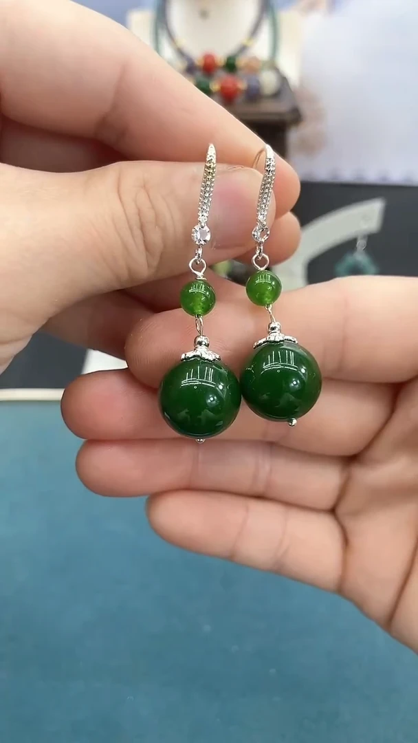 银S925镶嵌和田玉耳饰14mm碧玉双珠BY2