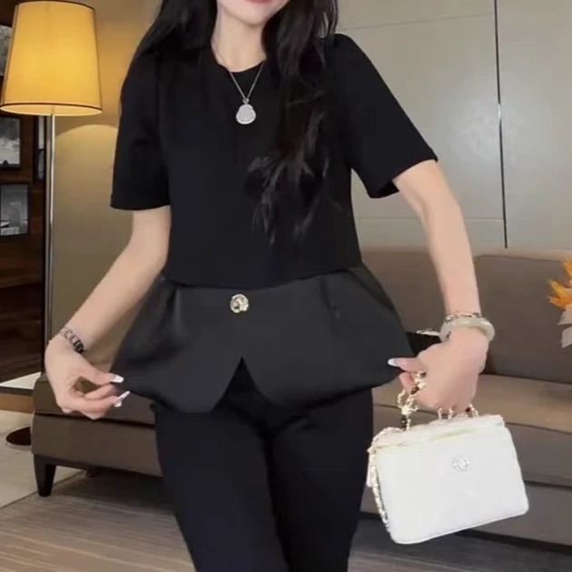 高品质时尚洋气百搭拼接短袖衬衫女2025春夏新款上衣