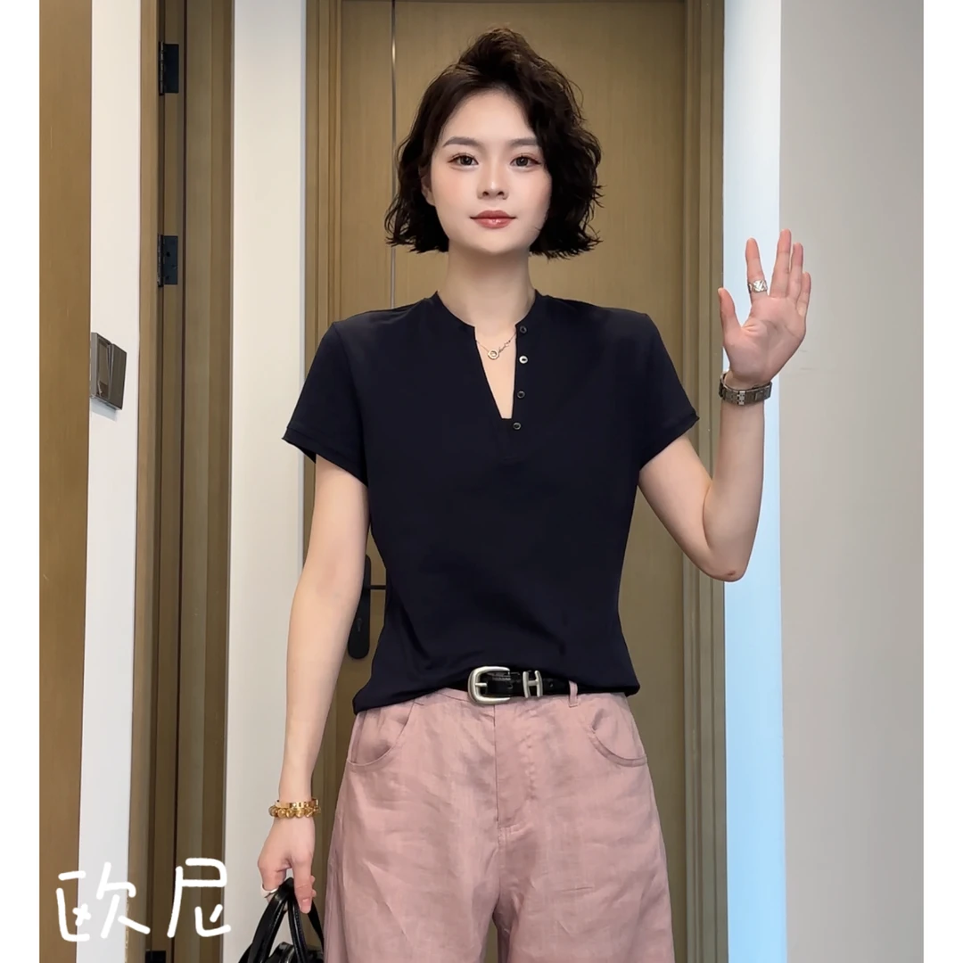 欧尼私服 2025春夏韩版高级感半开领显瘦百搭短袖T恤2504C1857