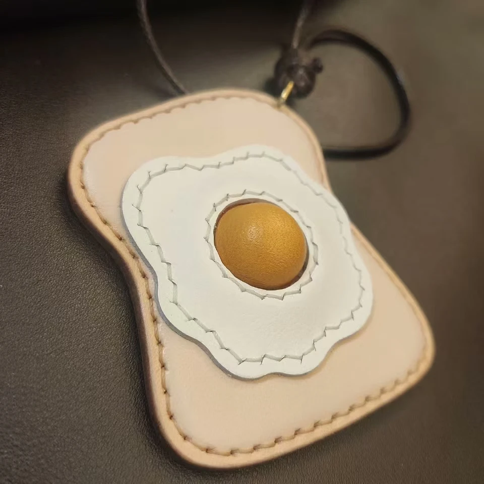 纯手工制作原色植鞣牛皮吐司面包挂件真皮鸡蛋包包挂件钥匙扣装饰