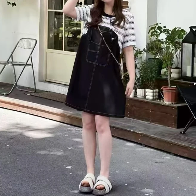 拼接中长裙夏季假两件背带连衣裙长款韩版条纹