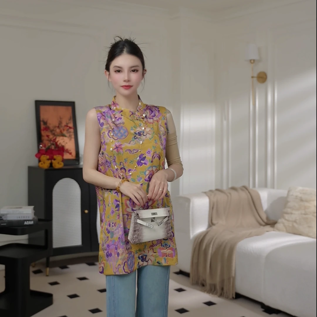 温温【花盼】新中式马甲夏季国风复古无袖重工中国风马夹3596