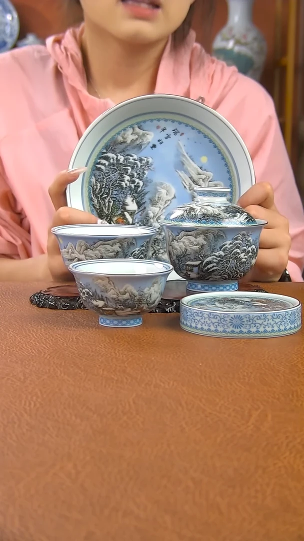 景德镇手工瑞雪兆丰年盖碗套组