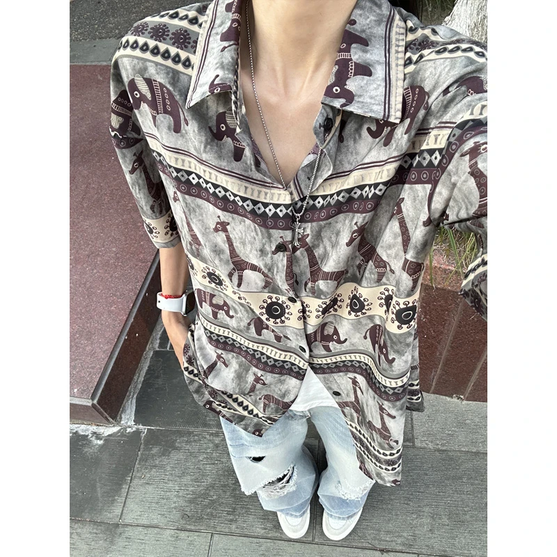 夏威夷满印花短袖衬衫男款夏季vintage冰丝衬衣小众设计感外套潮