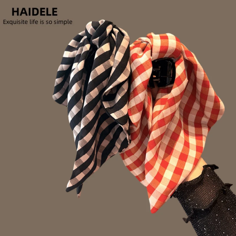 红色格子兔耳朵飘带高马尾抓夹蝴蝶结发夹时尚百搭