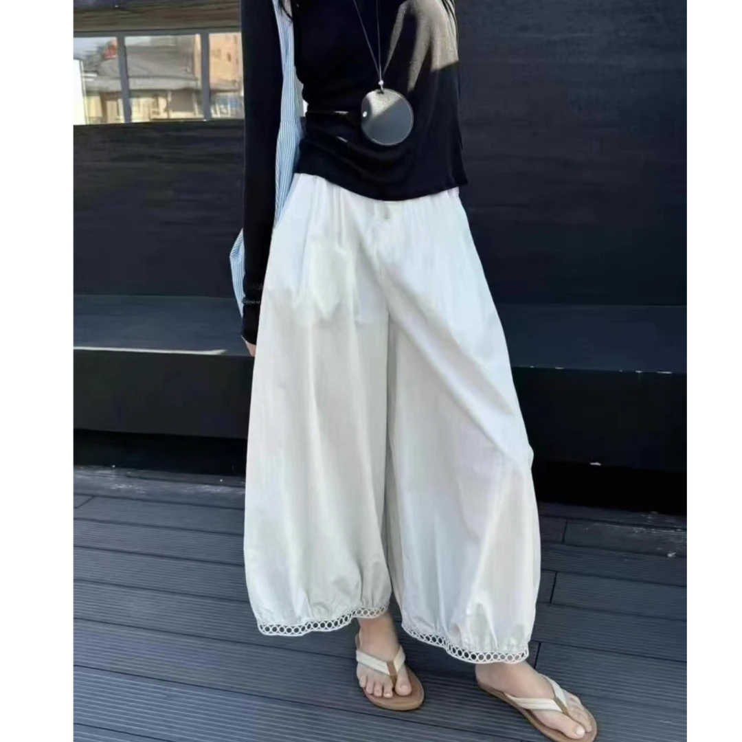 欧货款镂空蕾丝花边设计休闲阔腿灯笼九分裤