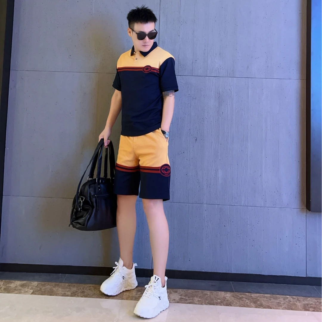夏季新款男士撞色拼接短袖短裤两件套韩版潮流百搭情侣款休闲套装