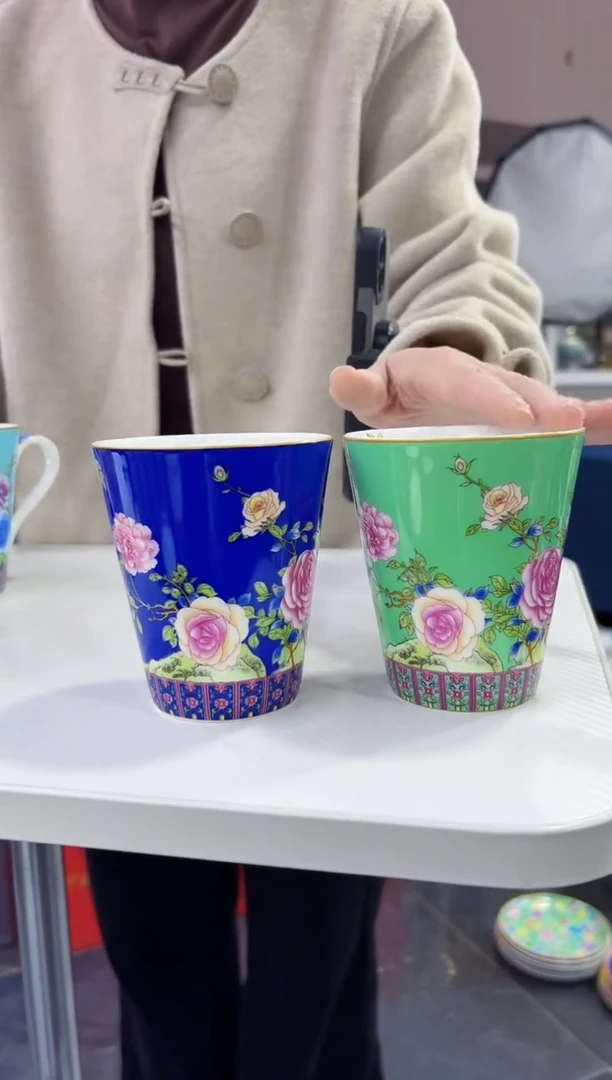 珐琅 牡丹花卉杯子2只装景德镇陶瓷
