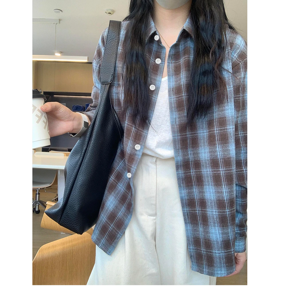 咖蓝色磨毛格子衬衫女秋季新款韩系宽松慵懒休闲衬衣外韩版设计感