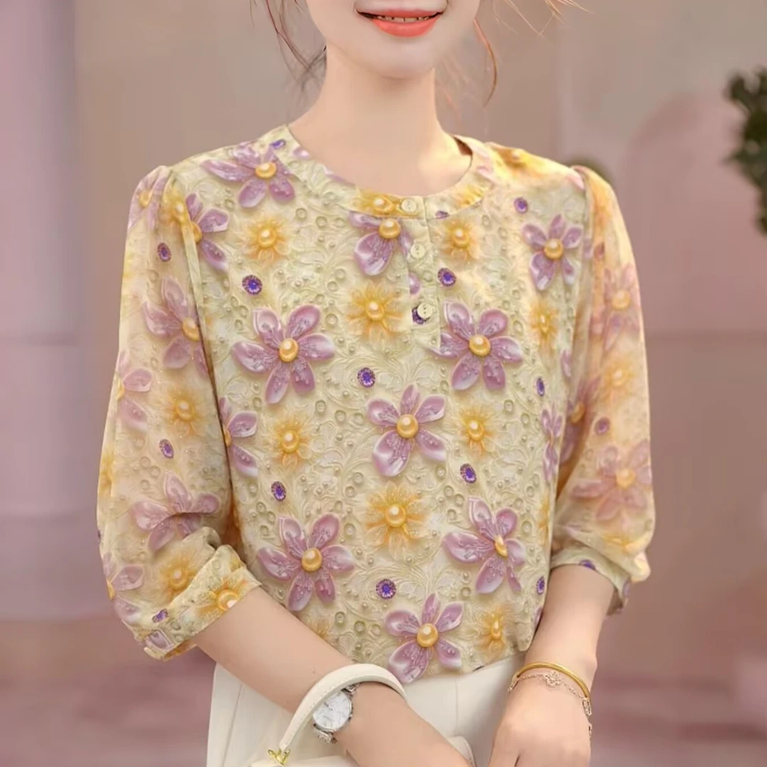 【洒银工艺】春夏冰丝七分袖薄款衬衫大码中年妈妈遮肚子时尚小衫