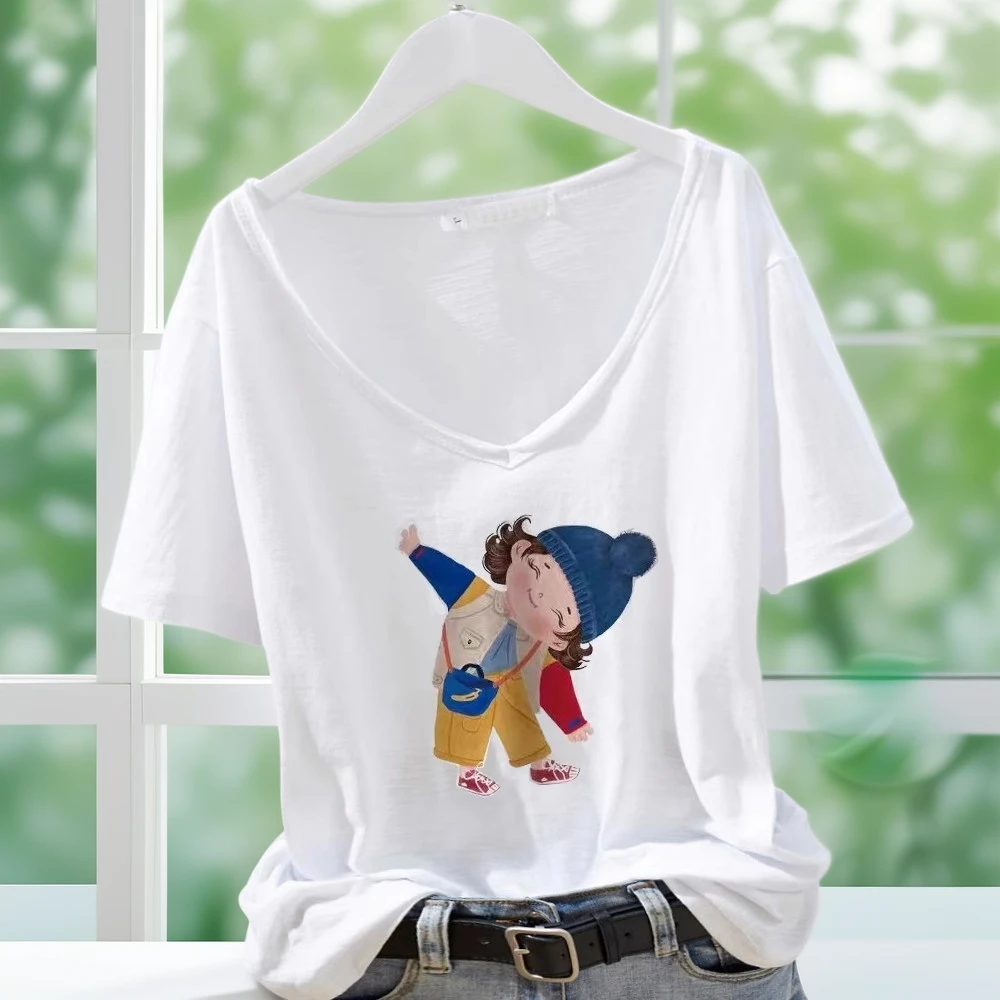 潮流夏季新款宽松白色竹节棉女士百搭短袖大码印花v领t恤吸汗