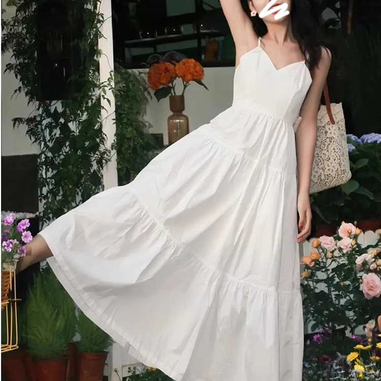 白色V领吊带裙叠穿原版气质高腰设计甜美复古礼服中长款连衣裙