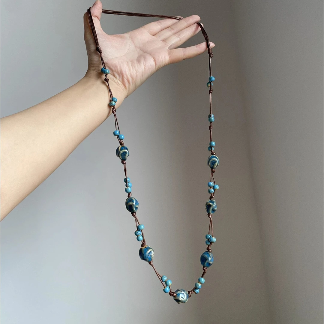 非金属布艺项链 新中式国风蓝色串珠项链女民族风长款毛衣链颈链