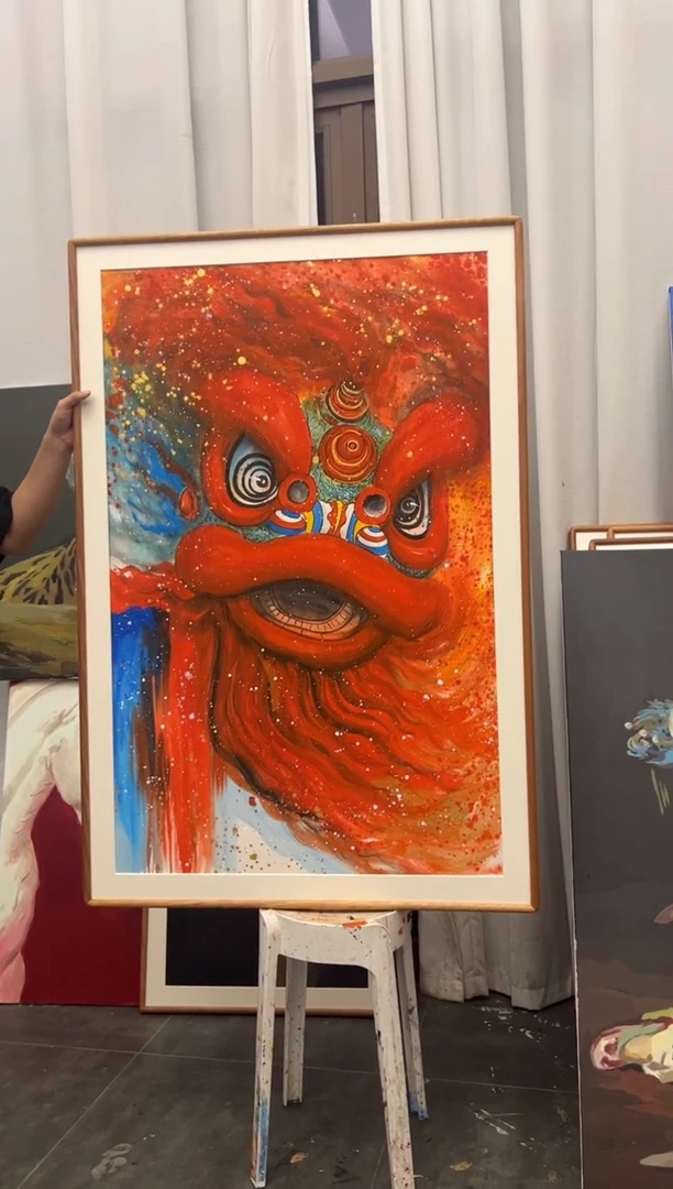 丙烯画懒羊羊老师醒狮精装裱