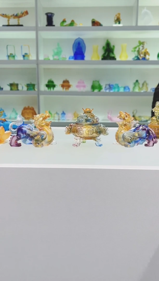 琉璃手工艺品古法琉璃一对貔貅加聚宝盆