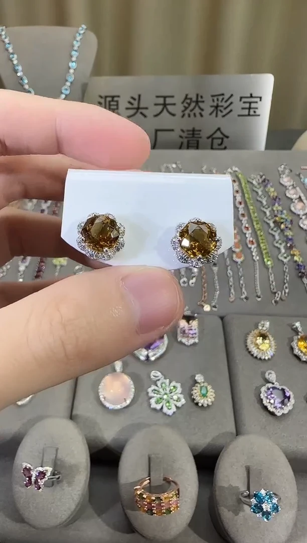 银S925镶嵌耳饰黄晶11mm耳钉玫瑰款