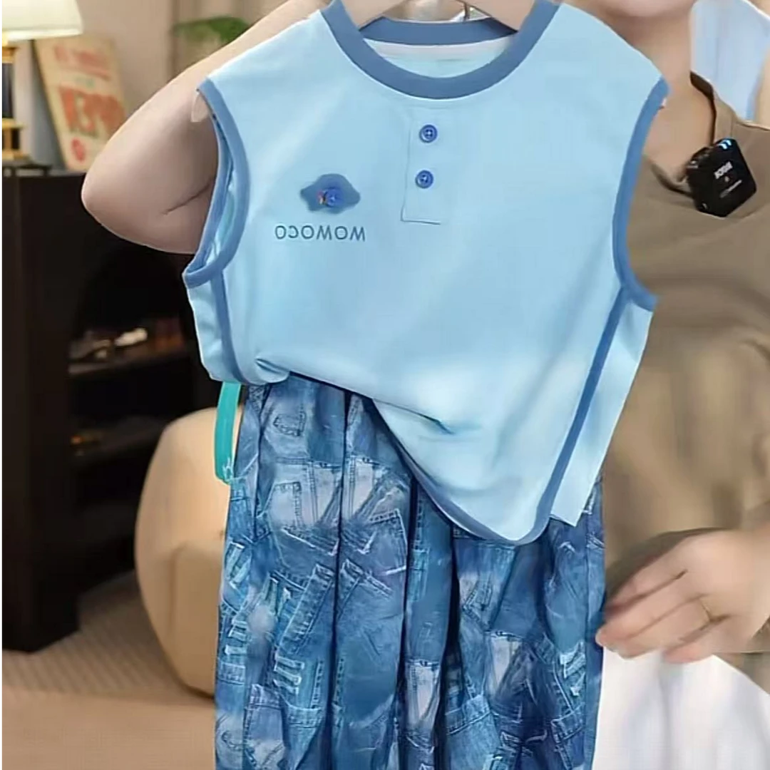 MOMOCO夏季男童休闲百搭休闲童趣玩偶套装无袖两件套77230578742