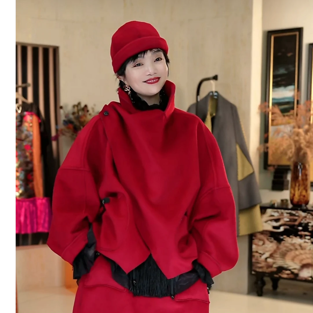 996篱君秋冬新款灰红双面绵羊毛设计师外套