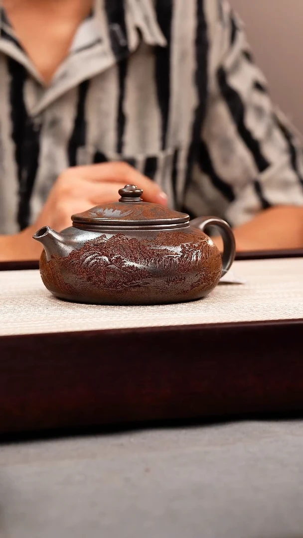 茶壶紫砂龙骨金砂 寒江 刻绘
