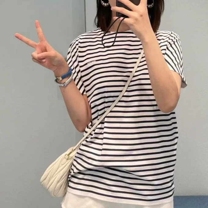 全新未使用 MIU MIU/缪缪 条纹印花圆领短袖T恤/XS码