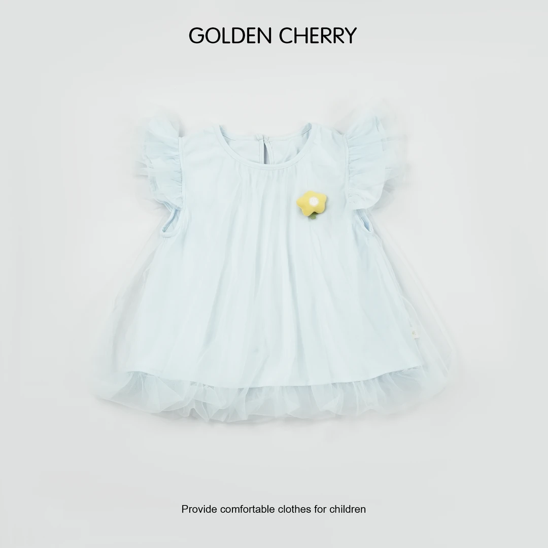 【金樱桃Golden cherry】蓝色纱纱飞袖小黄花休闲娃娃衫JYT2253