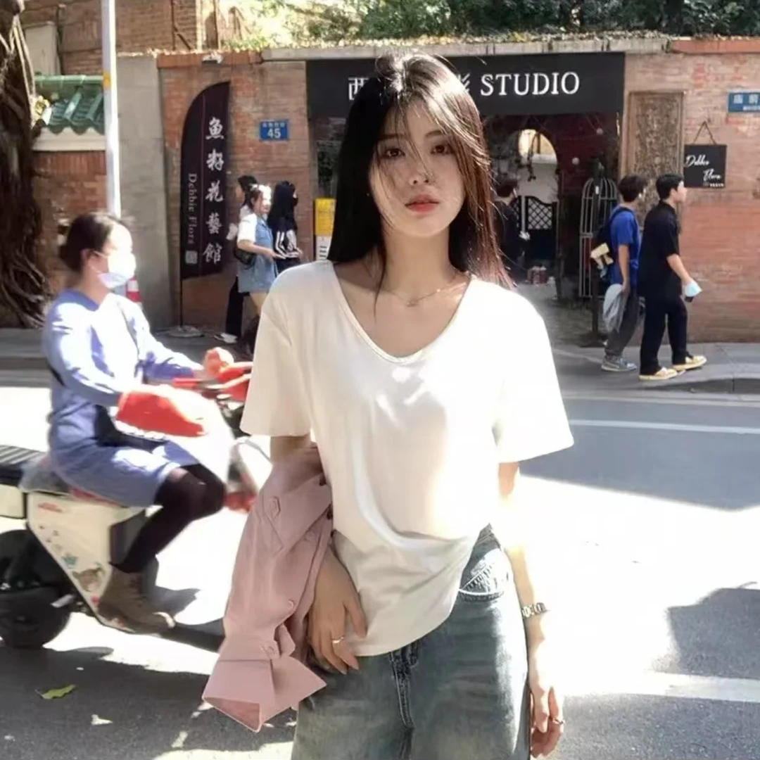 夏季新款纯色白色大v领宽松慵懒感弹力短袖t恤女宽松体恤上衣3870