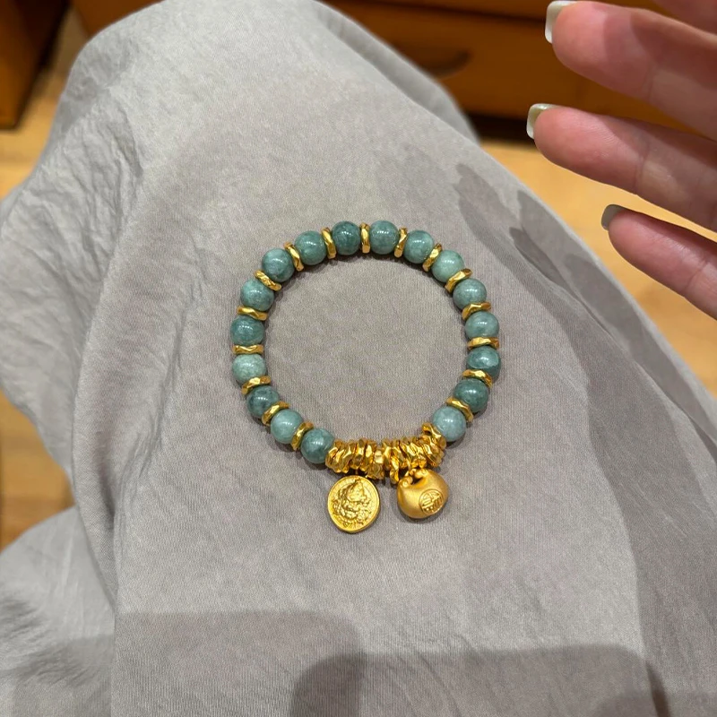 铜合金手链 新款绿色盘缠黄财神手链女小众设计精致小众个性手串.