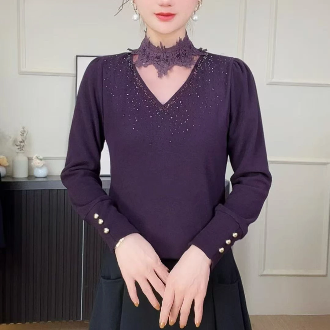 冬季新款加绒时尚长袖衬衫女蕾丝花边拼接领显瘦百搭洋气保暖上衣