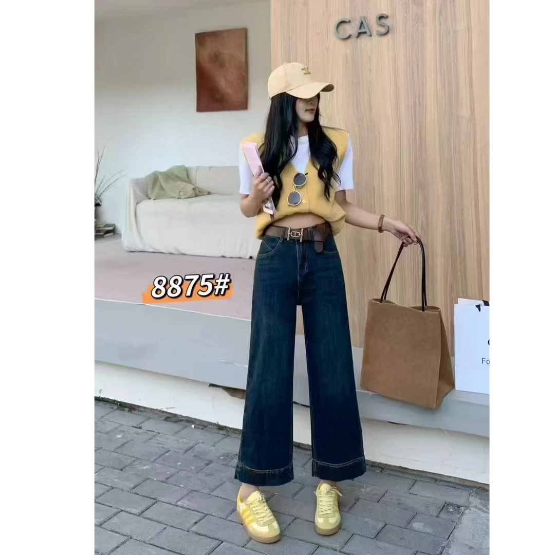 8875直筒裤千金风高腰夏日慵懒牛仔裤蓝色直筒阔腿复古牛仔裤