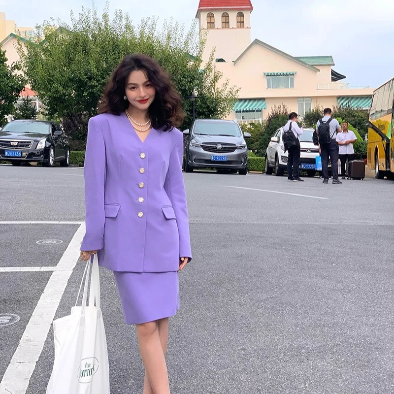 酒午港风复古春季新款气质小西装+包臀半裙套裙两件套女KLF3309
