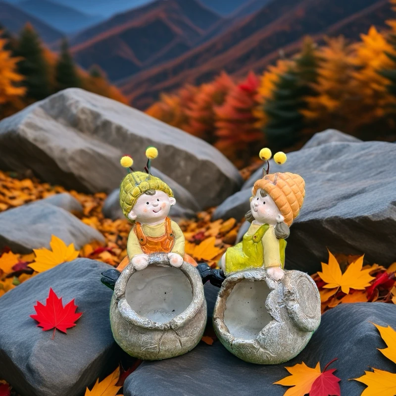 户外庭院阳台蜜蜂男孩女孩花盆装饰卡通人物树脂摆件花园装饰品