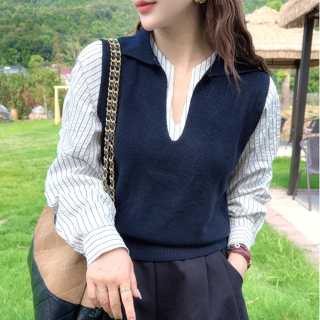 恰逢景梅子自留款秋款T恤女打底显瘦弹力减龄假两件拼接条纹上衣