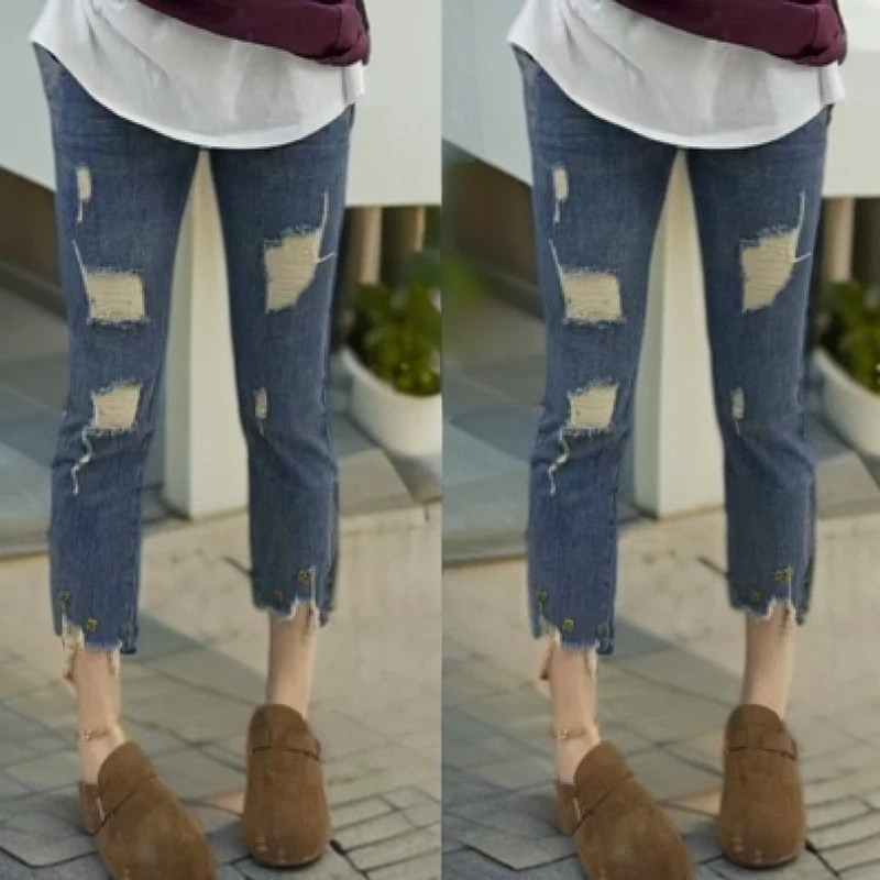 801-S无腰带超薄七分真破洞底腿拉链弹力显瘦烟管裤