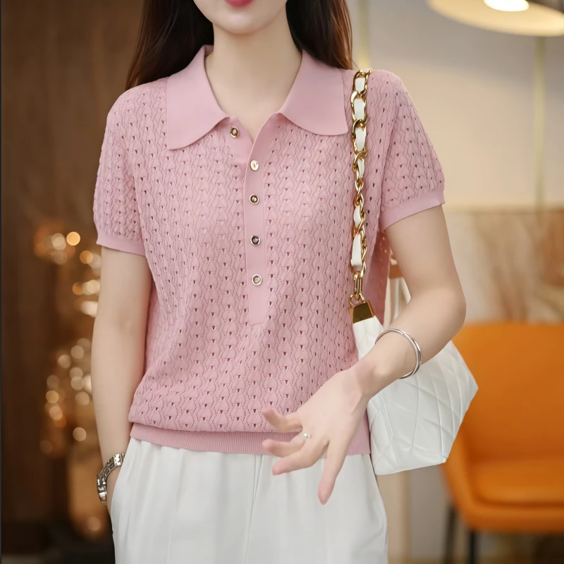 冰凉~透气夏季新款修身中年女装镂空翻领短袖宽松打底针织上衣女