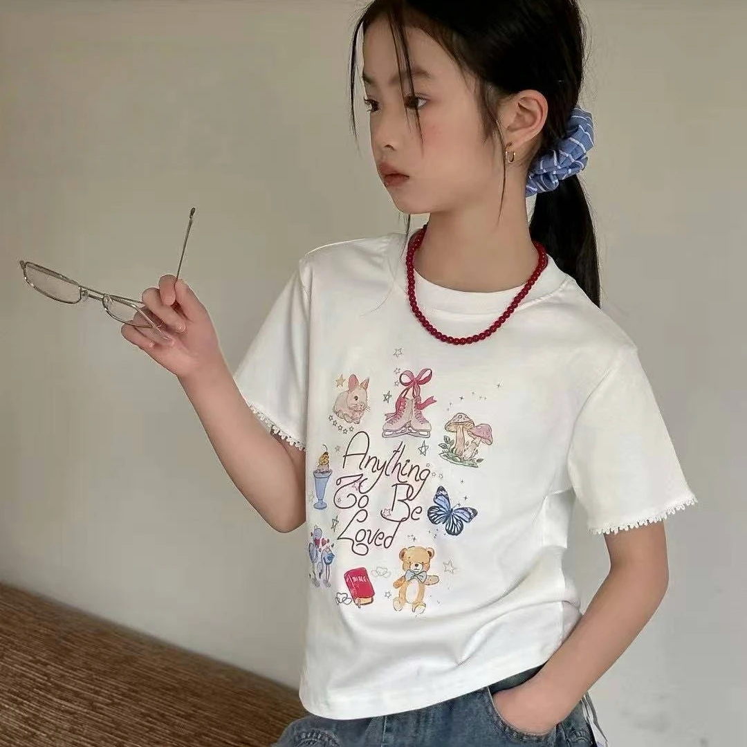 熙爱2025中大女童韩系甜美蕾丝边拼接圆领卡通印花T恤25707